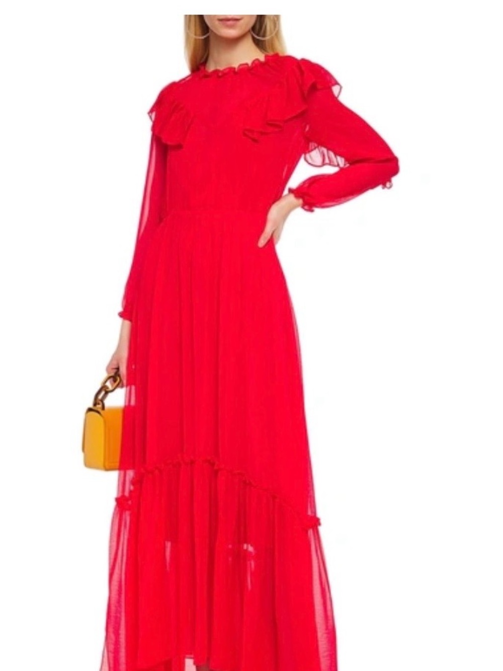 Maje Bright Red Ruffle-Tiered Long Sleeve Maxi Crew Neck Long Dress